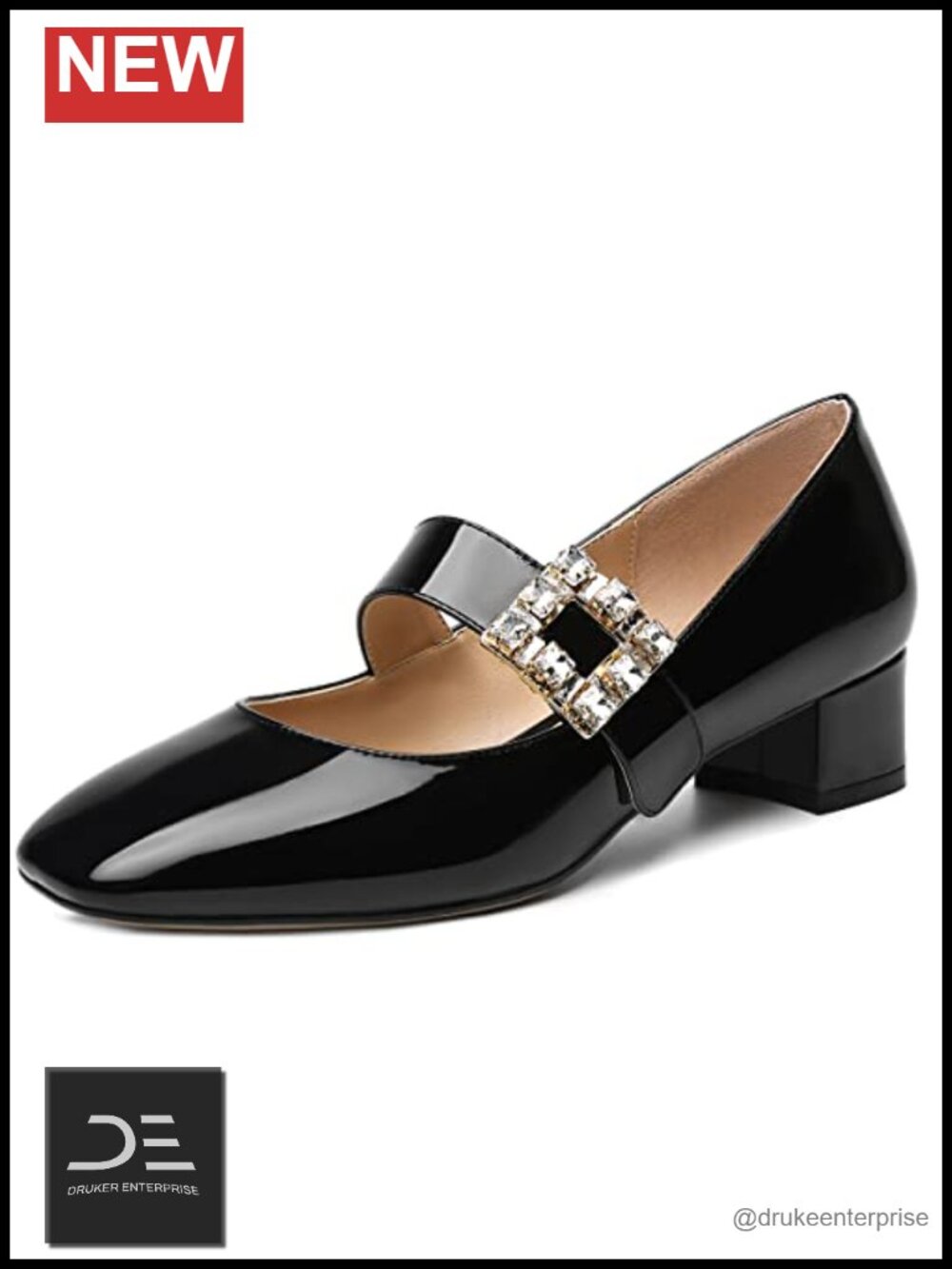 Rhinestone Ankle Strap Square Toe Kitten Heel Pumps with Bungee Closure